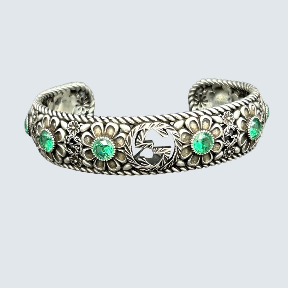 Gucci Flower Interlocking G Siamite Sterling Silver Cuff Bracelet